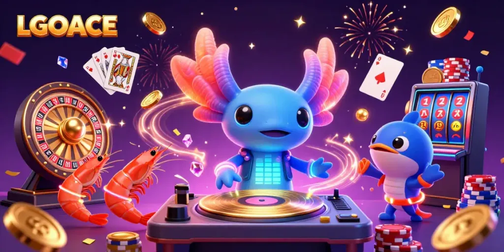 LGOACE highlights vibrant online gaming with a lively underwater casino scene featuring a DJ, dancers, and rich game elements.
