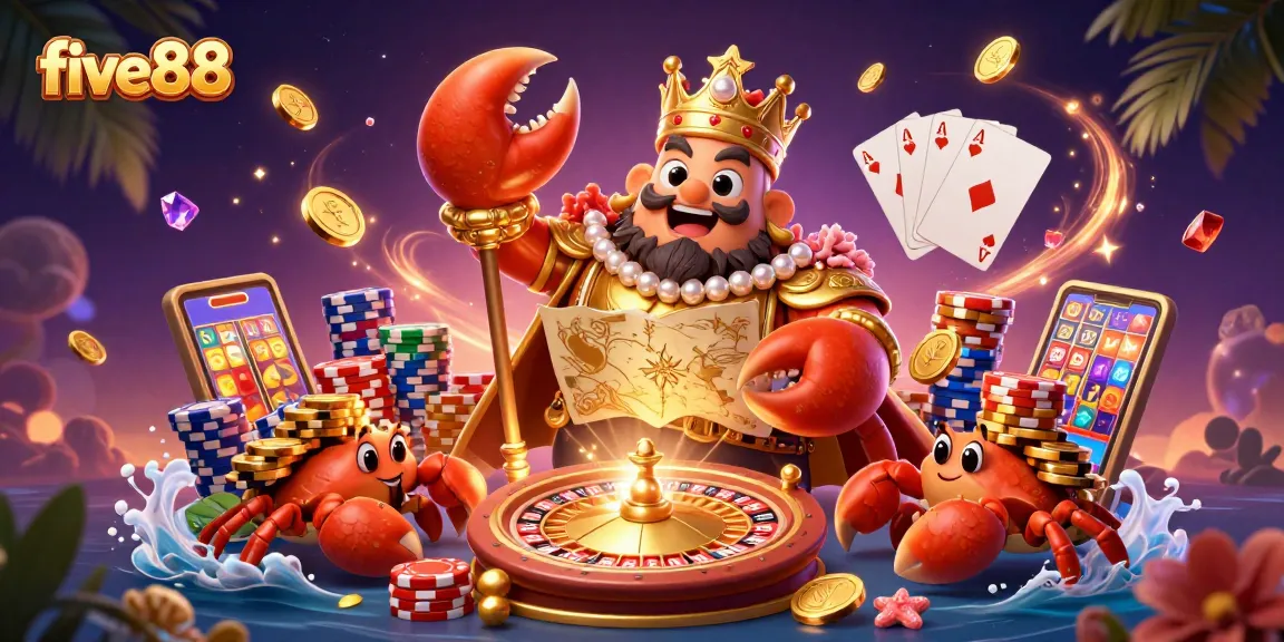 Experience the thrilling action of five88 with a vibrant illustrated casino scene featuring a golden crab emperor.