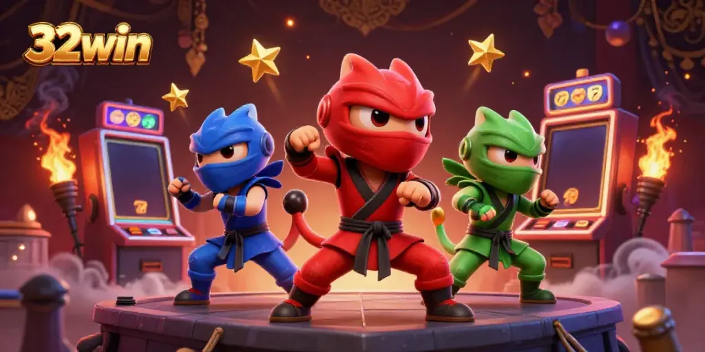 32win chameleons performing martial arts surrounded by vibrant slot machines, showcasing excitement.