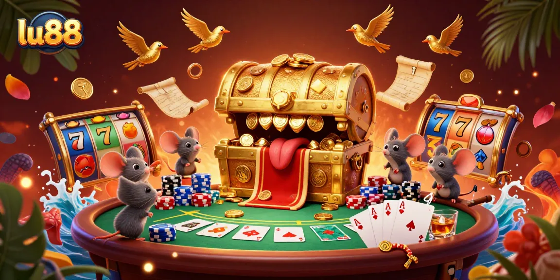 Experience excitement with lu88's dynamic 3D illustration showcasing a treasure chest and vibrant slot game symbols.