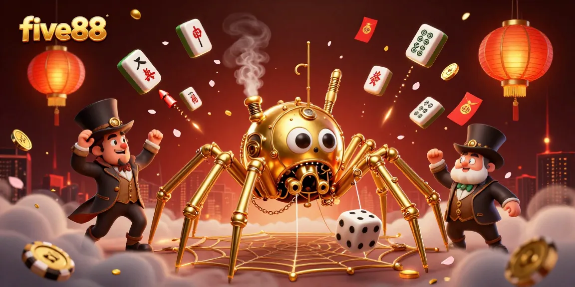 Experience the thrill of five88 gaming with the animated golden spider capturing luck in its web.