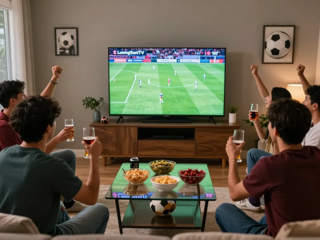 Friends enjoying a live football match on LuongSon TV in a cozy living room.