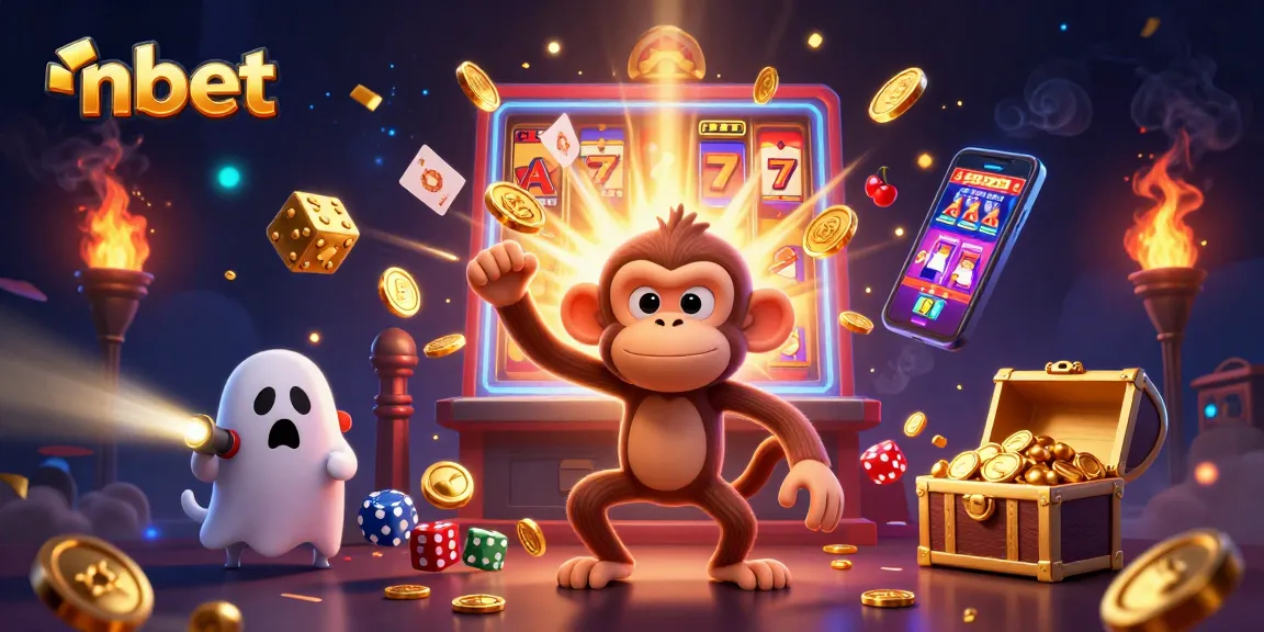 Engage in the thrilling atmosphere of nbet casino with a poltergeist monkey juggling golden objects amid a jackpot explosion.