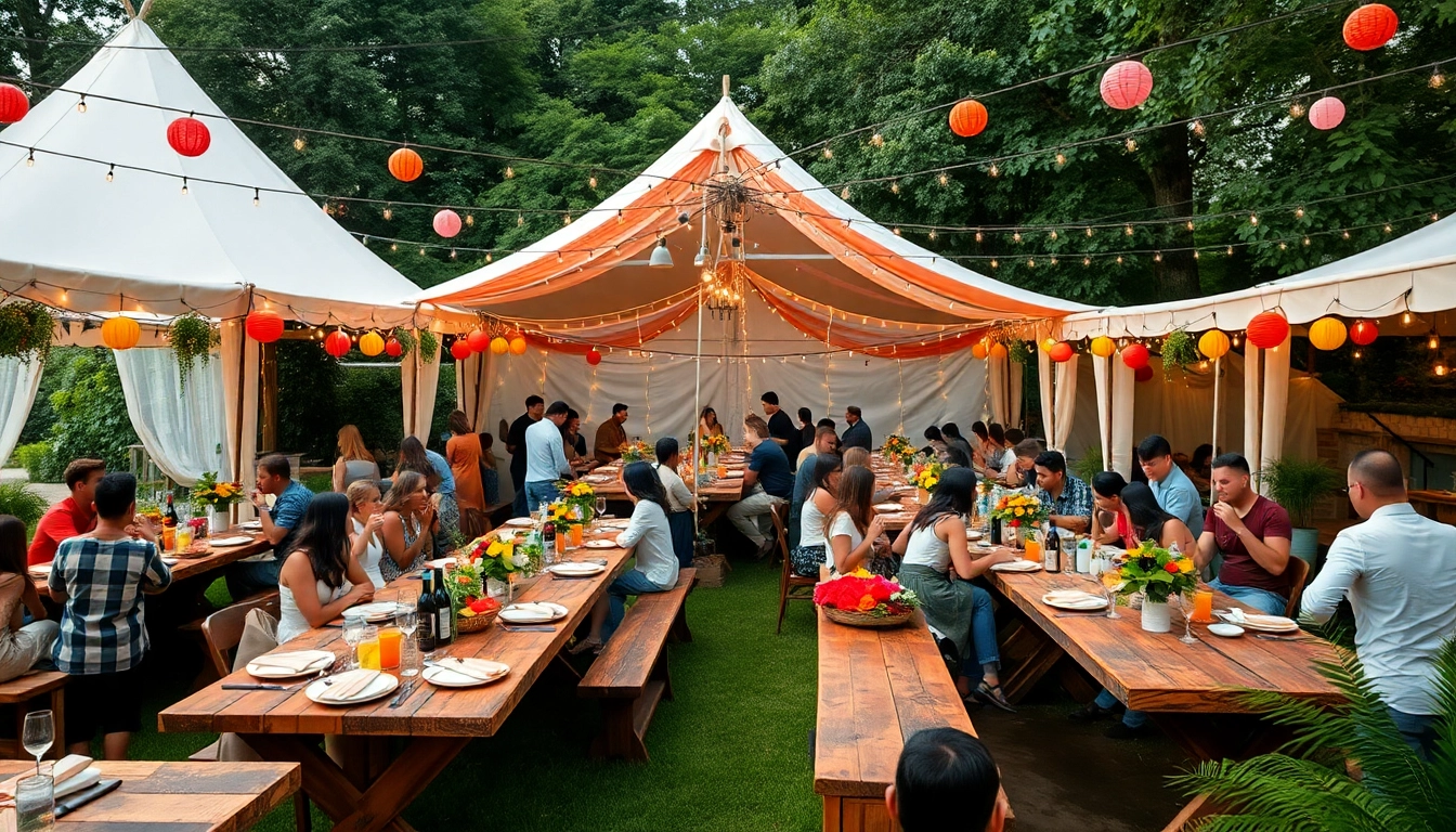Guests enjoying Outdoor Party Rentals at a vibrant, decorated outdoor event space.