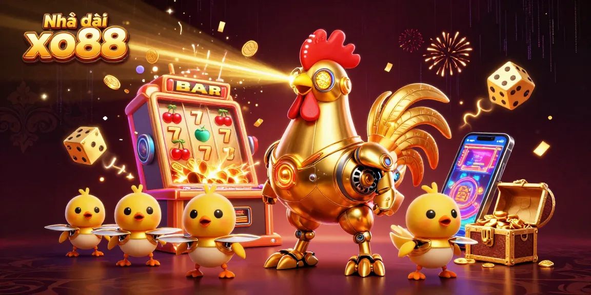 Nhà cái xo88 showcases a retro-futuristic casino scene with interactive slot machine elements and dynamic characters.