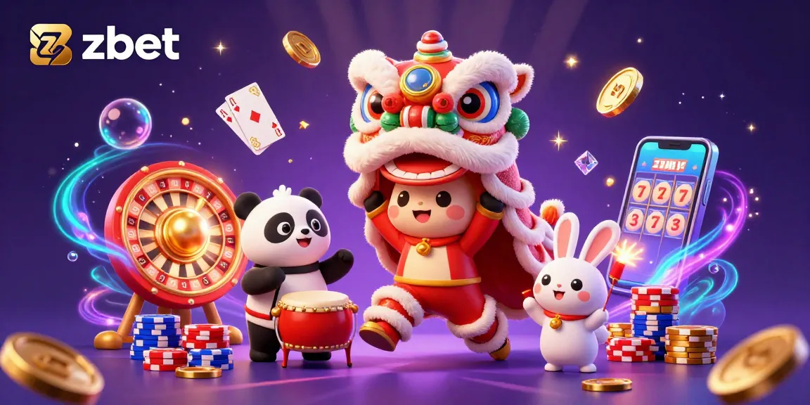 Engage with zbet's thrilling casino scene featuring a lion dance and vibrant game elements.
