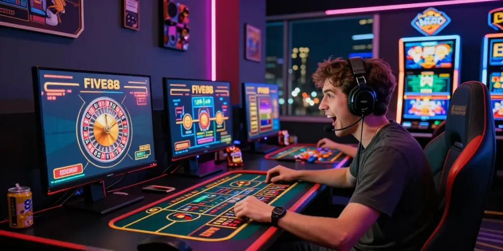 Online gaming excitement at https://five88bet.org/ with vibrant screens and engaging atmosphere.