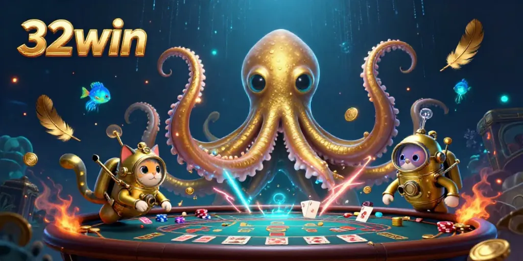 Engage in thrilling gaming sessions with 32win, featuring a playful kraken and diving cat at a vibrant casino scene.
