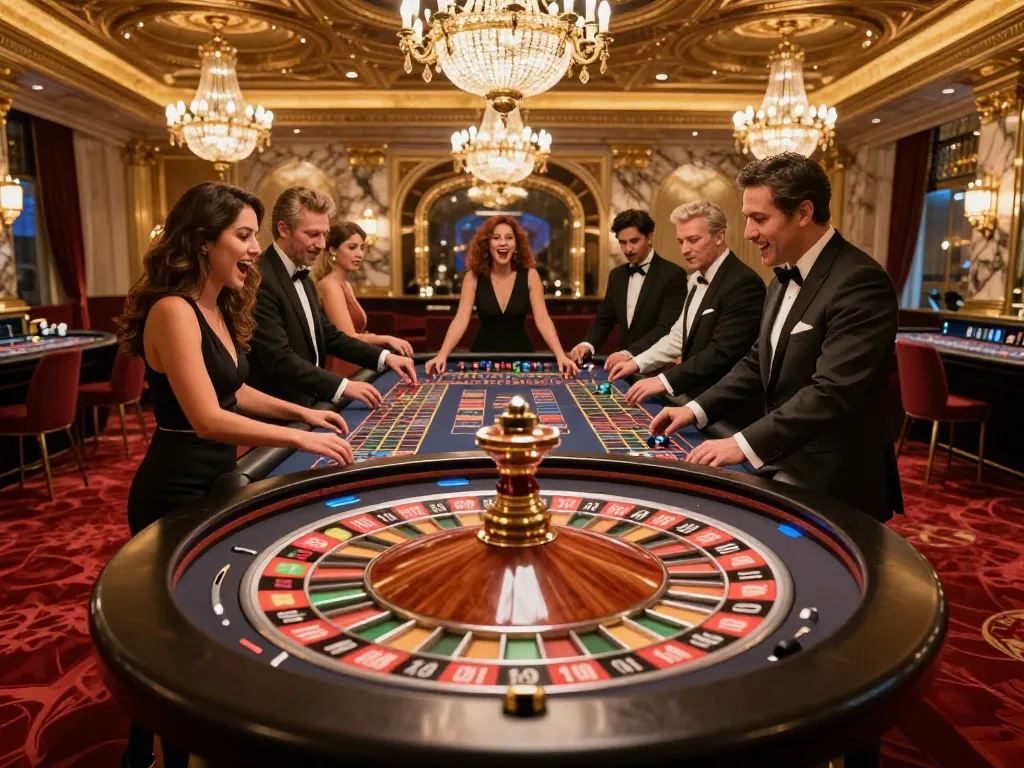 Tindakan roulette Paris dengan pemain memasang taruhan dan bandar memutar roda di kasino mewah.