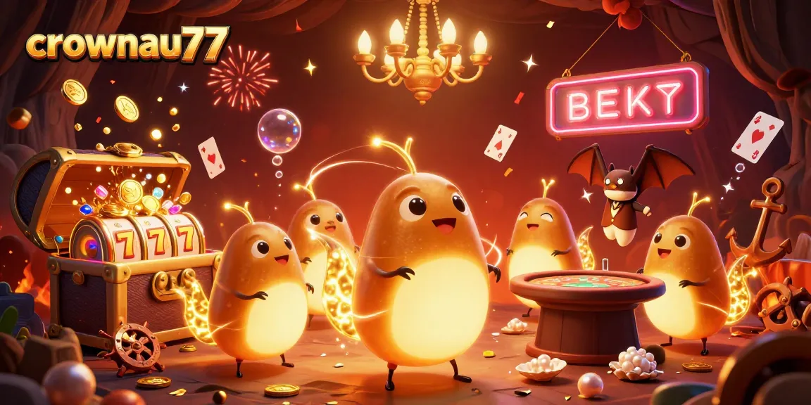 Engage with crownau77's animated casino scene featuring glowing characters and lively gaming elements.