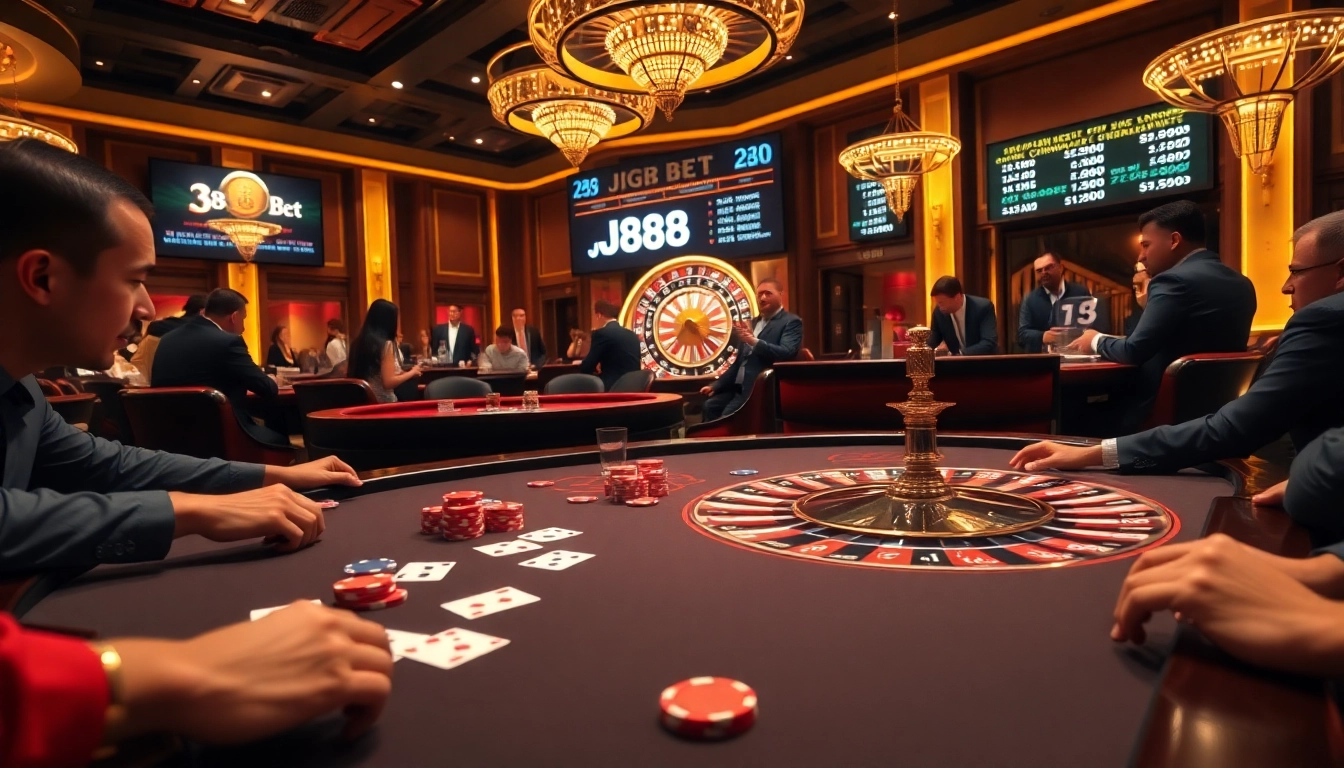 Action-packed j88 bet gaming scene with poker players at a luxury casino table.