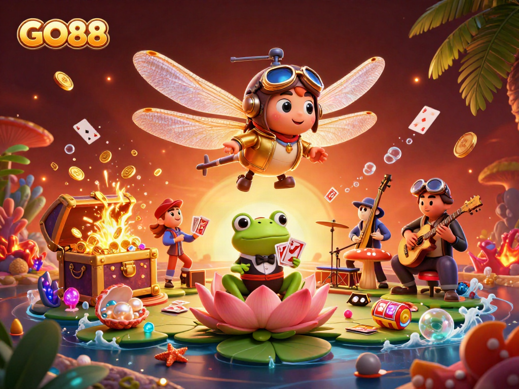Engage with GO88's thrilling gameplay featuring a frog dealer and vibrant casino elements.