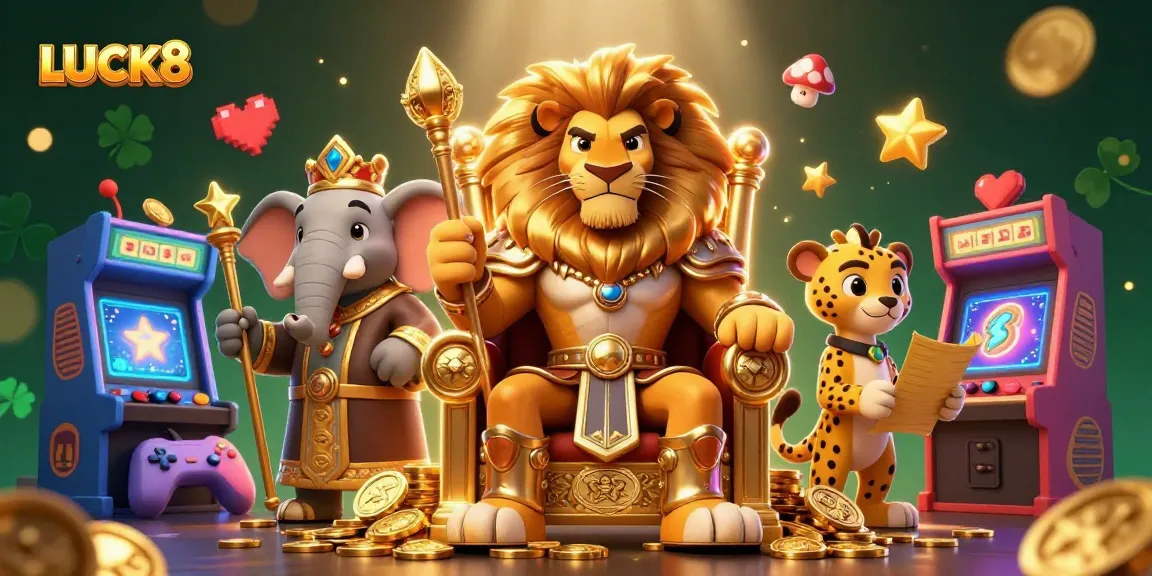 Join the excitement at LUCK8 with a vibrant casino scene featuring royal characters and game elements.