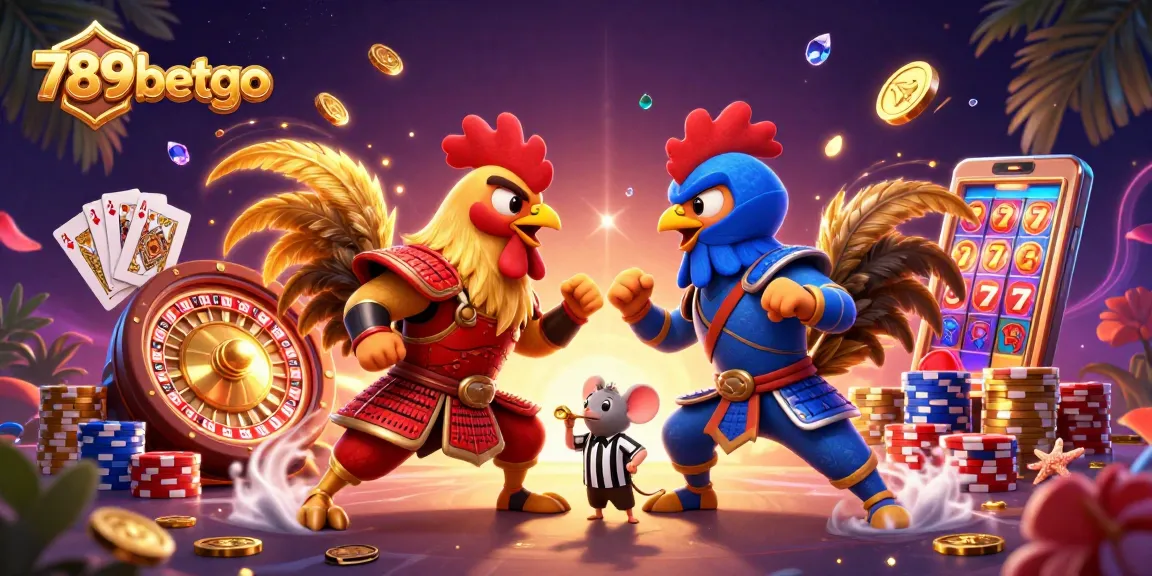 Experience an exciting standoff between 789betgo's fighting roosters in a vibrant casino scene.
