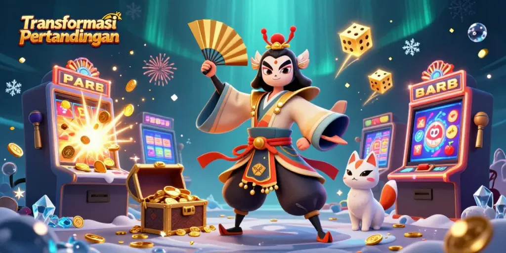 Experience the excitement of Transformasi Pertandingan with a vibrant casino illustration featuring dynamic characters and slots.