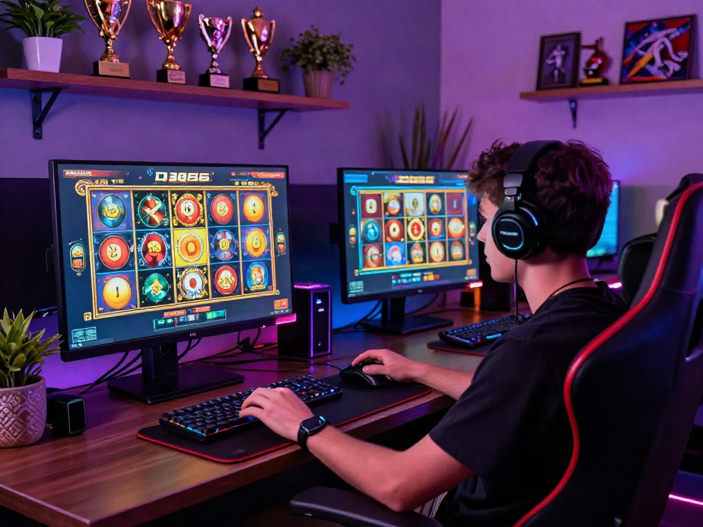 Player enjoying a thrilling slot game on DA88 with vibrant lighting and gaming accessories.