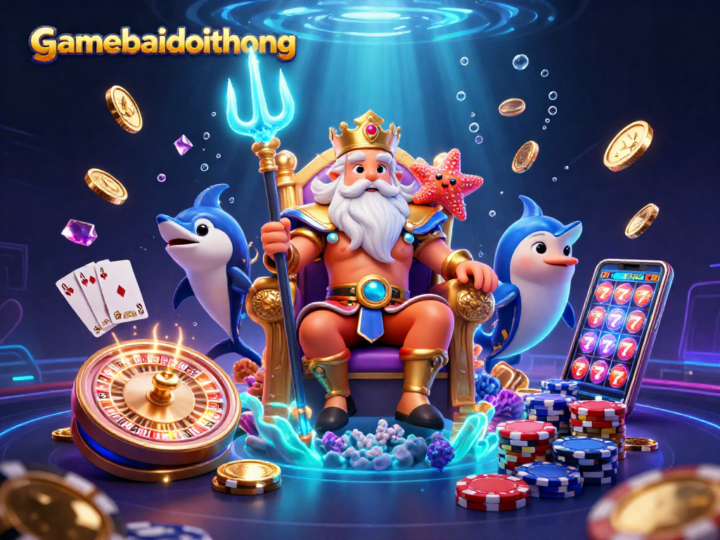 Play exciting games and win big with gamebaidoithuong's vibrant casino illustration featuring Neptune.