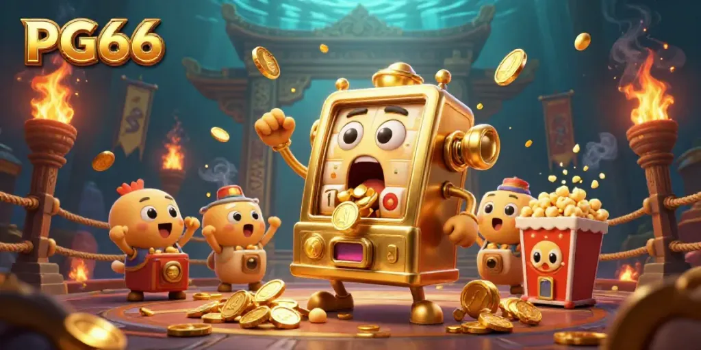 PG66 brings excitement with a golden slot machine celebrating a jackpot amidst cheering characters and dynamic casino elements.