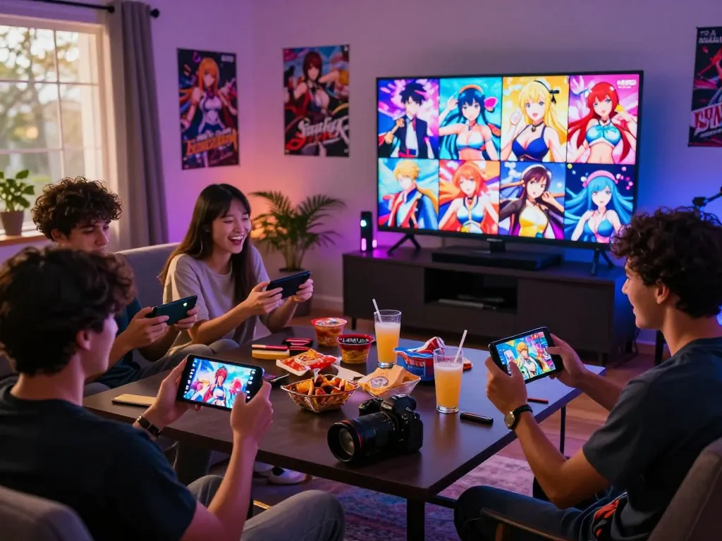 Players enjoying a vibrant hentai game night with mobile devices and snacks.
