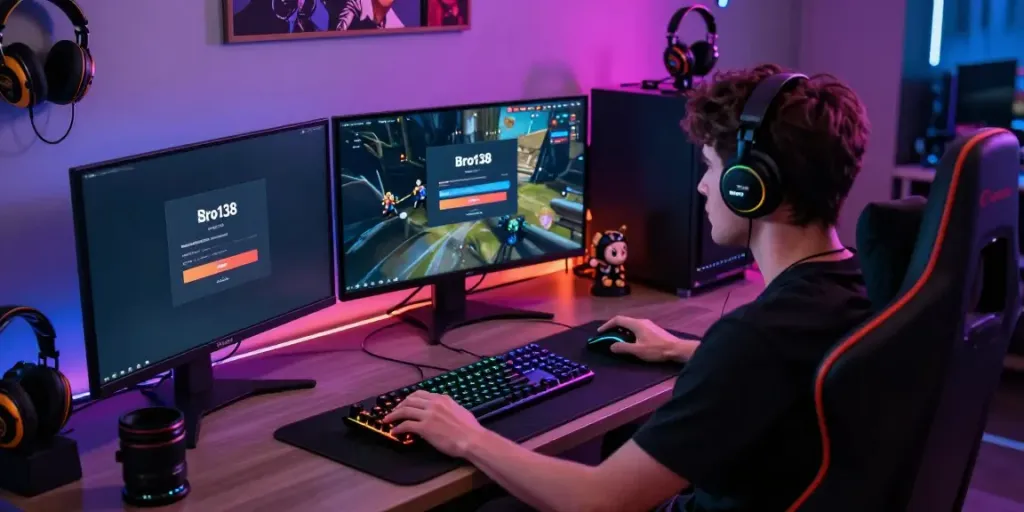 Gamer focused on bro138 login interface in a vibrant gaming setup