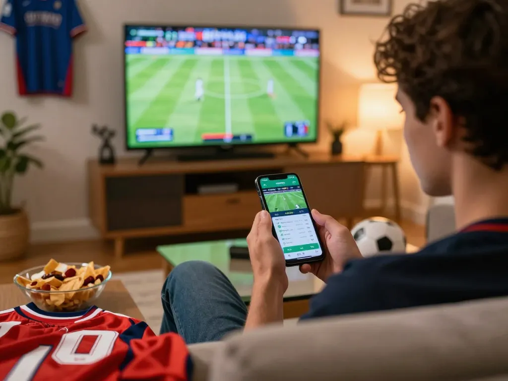 Engaging sports betting activity on smartphone with keonhacai insights during live match, cozy home setting.