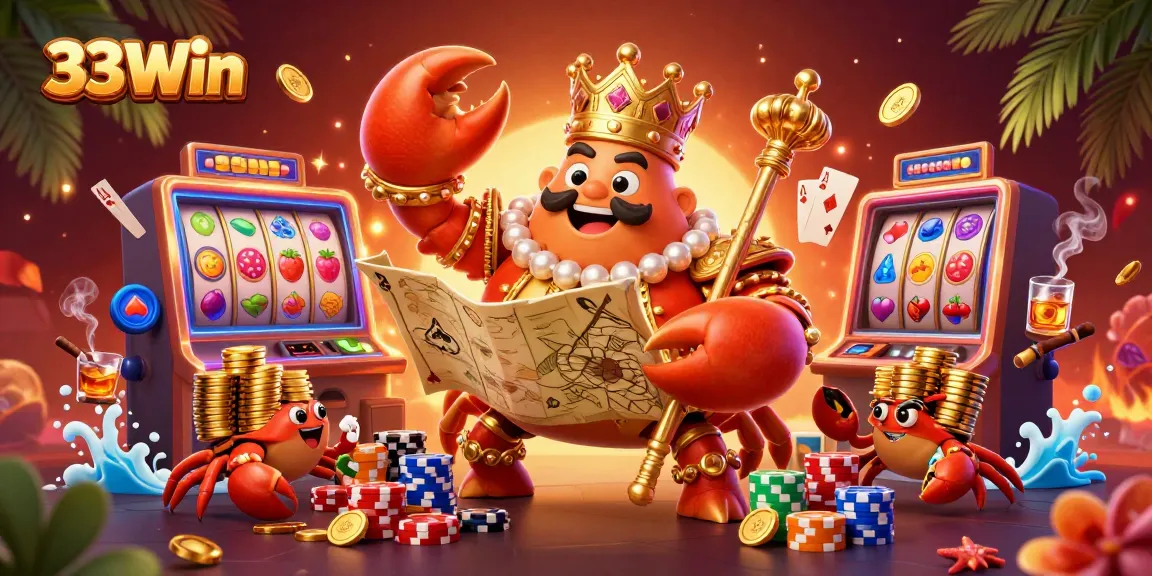 Experience the excitement of 33Win with vibrant slot games, golden crab emperor, and dynamic casino elements.