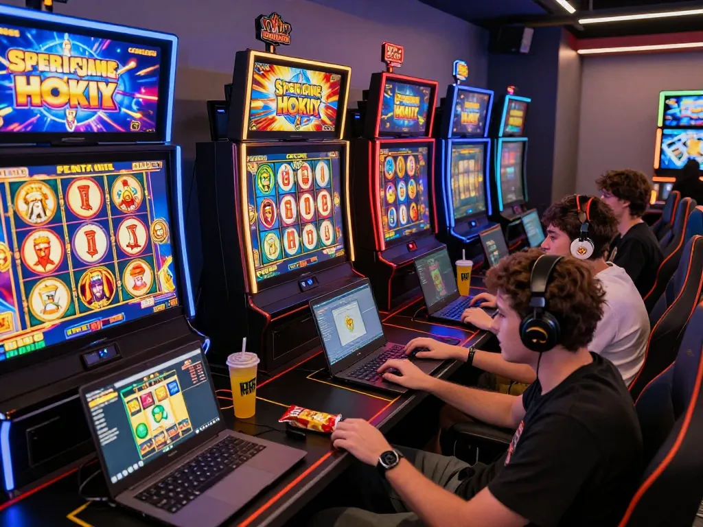 Engaged players enjoying slot hoki gaming experience with vibrant machines and dynamic atmosphere.