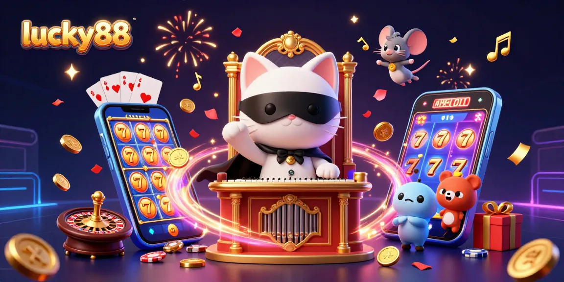 Spin colorful slot games with lucky88 in a vibrant 3D casino-themed illustration.