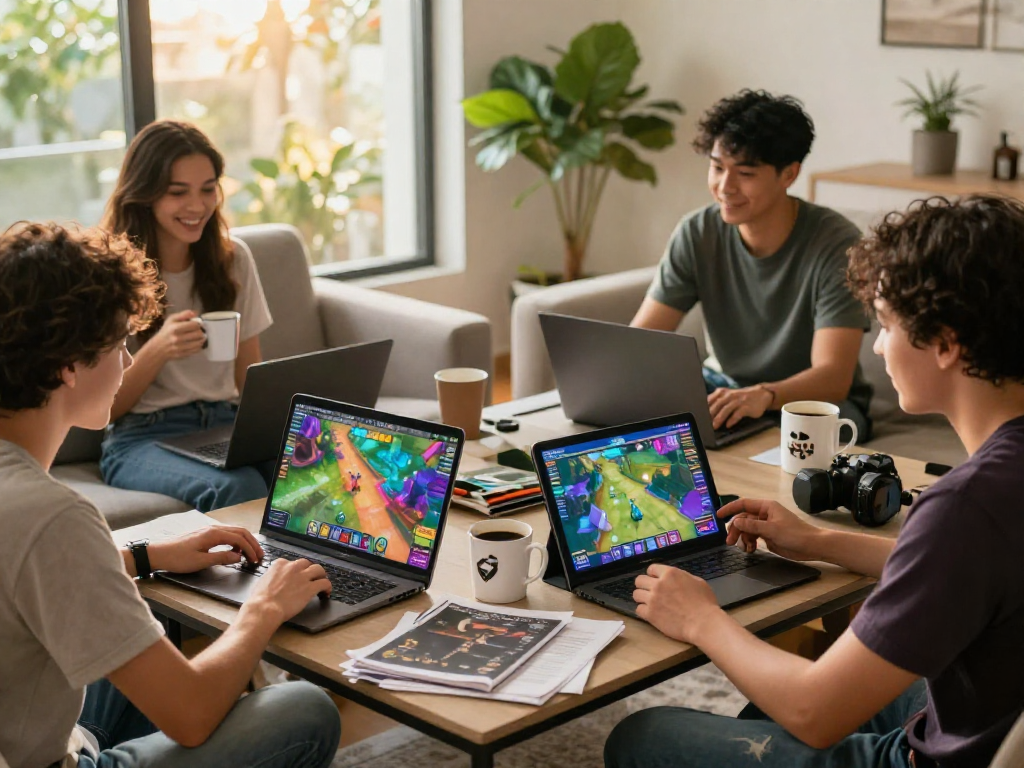 Enthusiastic gamers discussing strategies for rokok88 patterns in a cozy living room.