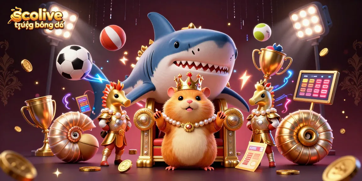 Socolive trực tiếp bóng đá showcases a golden hamster king on a shark throne with sports elements and dynamic gambling visuals