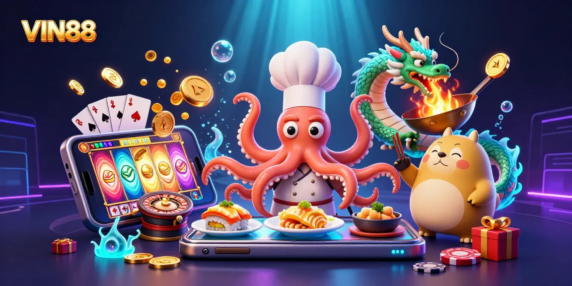 Engage with VIN88's vibrant gaming world featuring an energetic octopus chef, dragon, and tanuki in a rich casino-themed illustration.