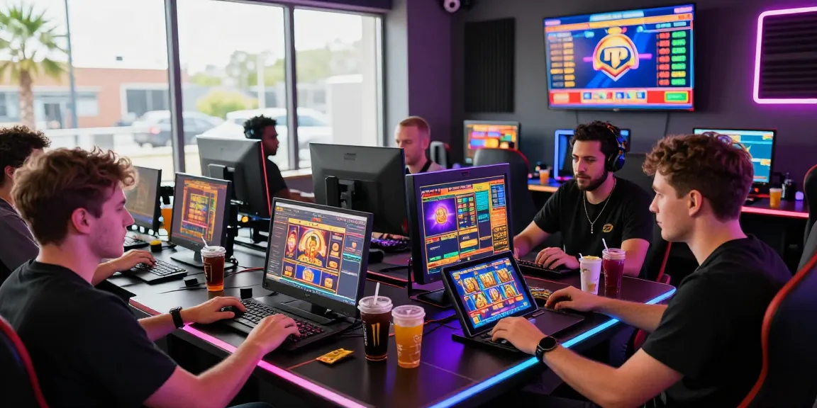 Exciting players engaged with non UK casinos in a vibrant gaming room, showcasing technology and gaming diversity.