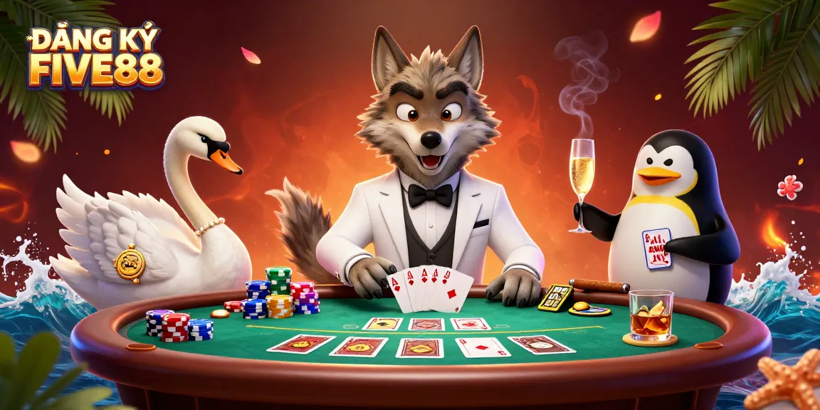 Engage in ĐĂNG KÝ FIVE88 at a vibrant casino scene with colorful poker action and glamorous characters.