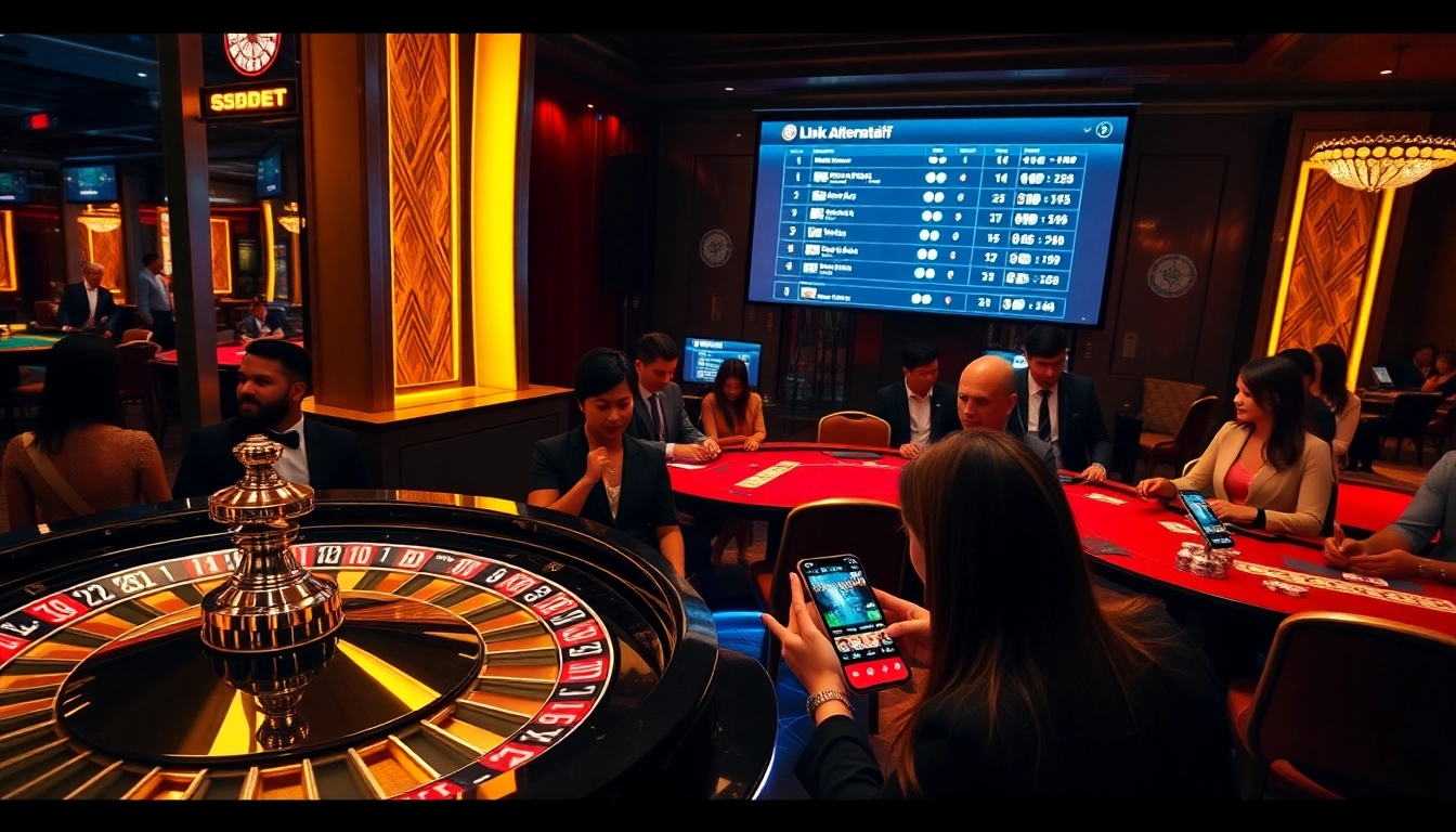 Sbobet link alternatif displayed on a digital interface amidst a glamorous casino setting with poker chips and roulette wheel.