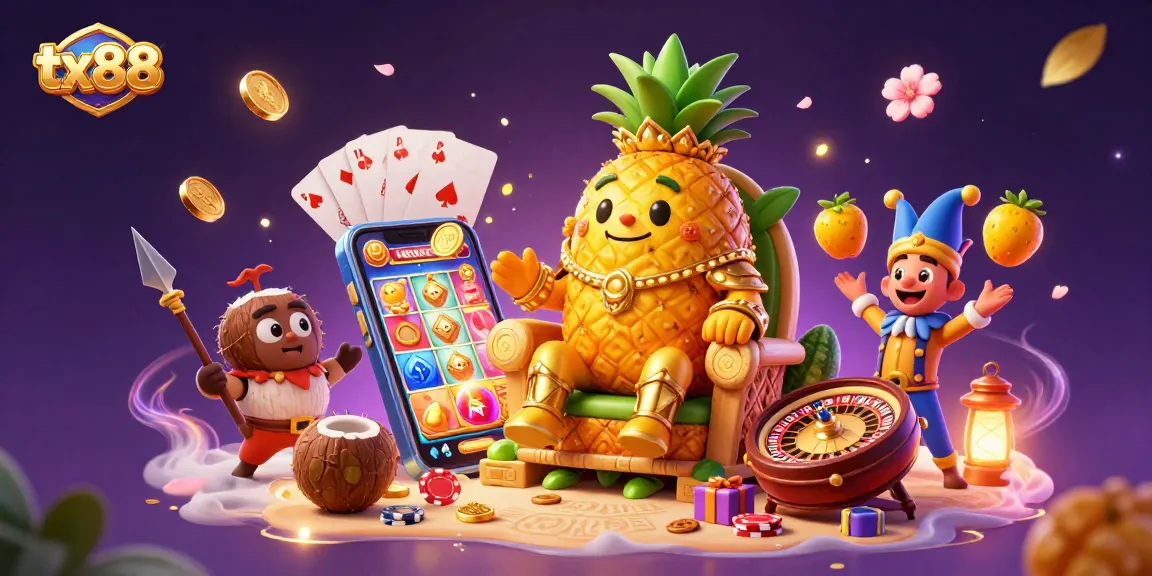 Play exciting games at tx88 with a golden pineapple king and lively casino elements, vibrant visual experience.
