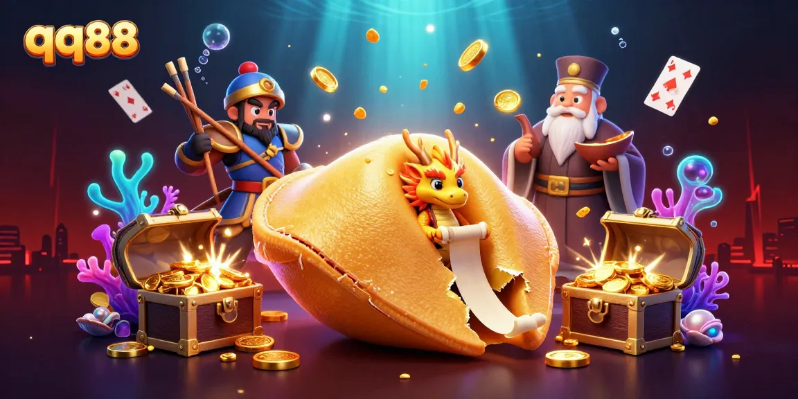 Engage with the qq88 gaming adventure featuring a fortune cookie, wise dragon, and treasure-rich underwater scene.