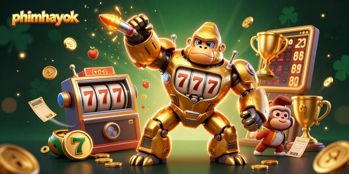 Engage with thrilling slots action on phimhayok featuring a dynamic golden gorilla mech and vibrant symbols.