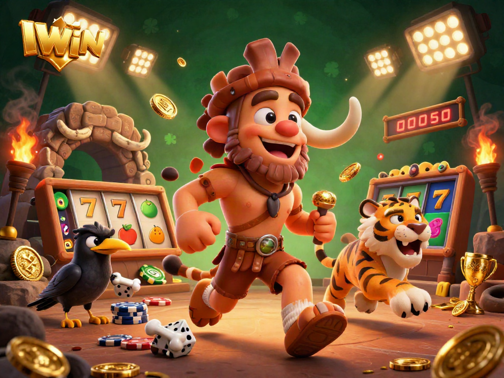 IWIN slots and jackpots light up this vibrant scene featuring a caveman and a saber-toothed tiger running a casino.