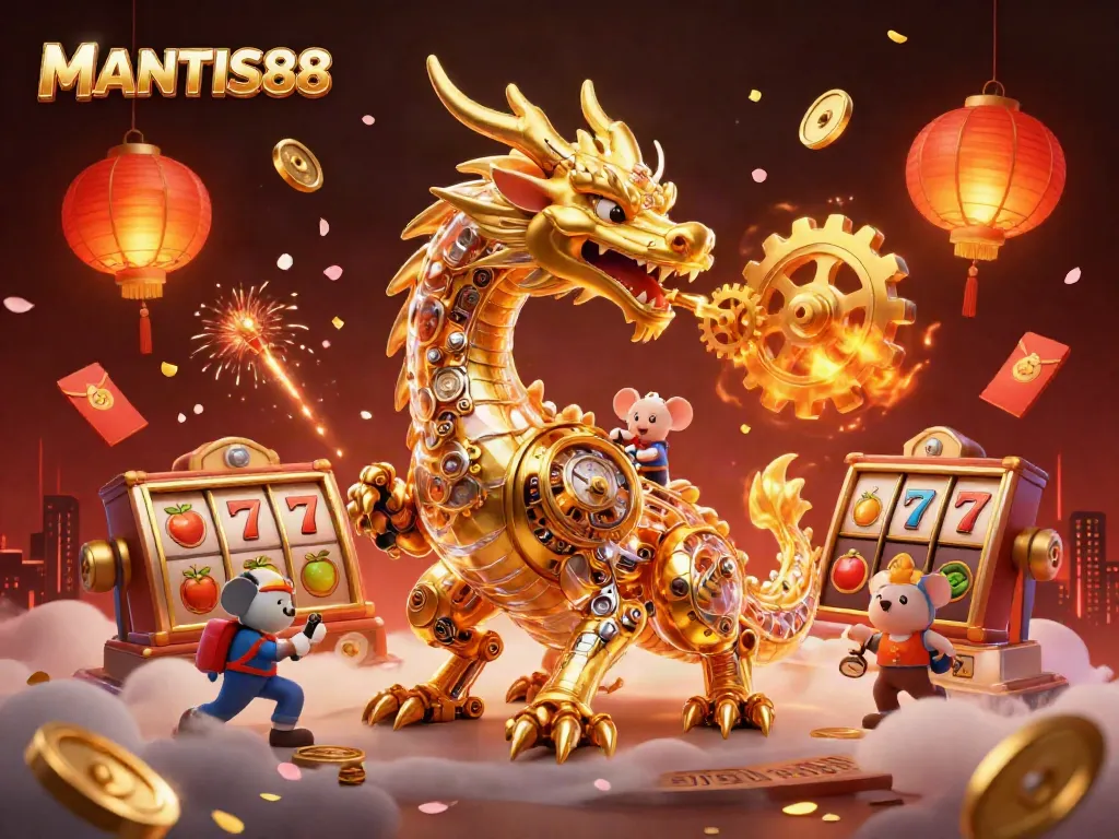 MANTIS88 showcases a golden dragon amidst slot reels, creating a vibrant casino atmosphere.