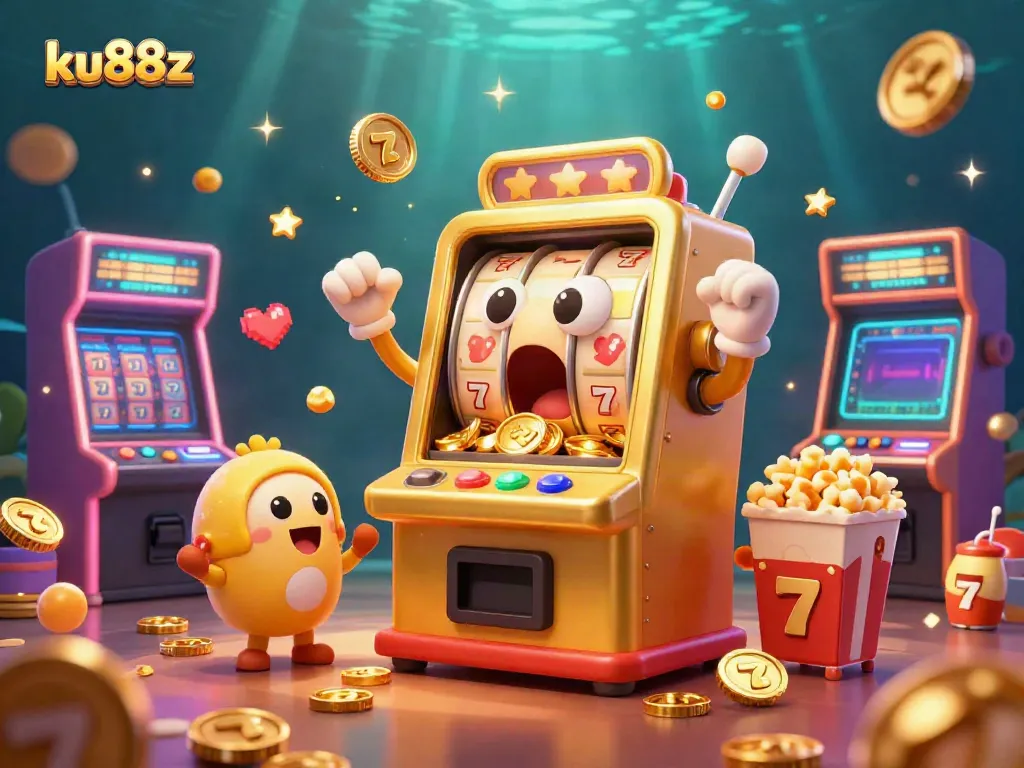 Experience the excitement of ku88z with a jubilant slot machine hitting the jackpot amid vibrant gaming elements.