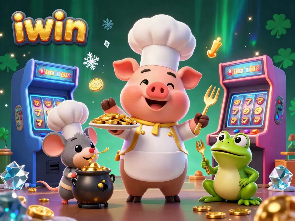 iwin's vibrant casino scene shows a pig chef serving gold coins amidst colorful slot machines and game elements.