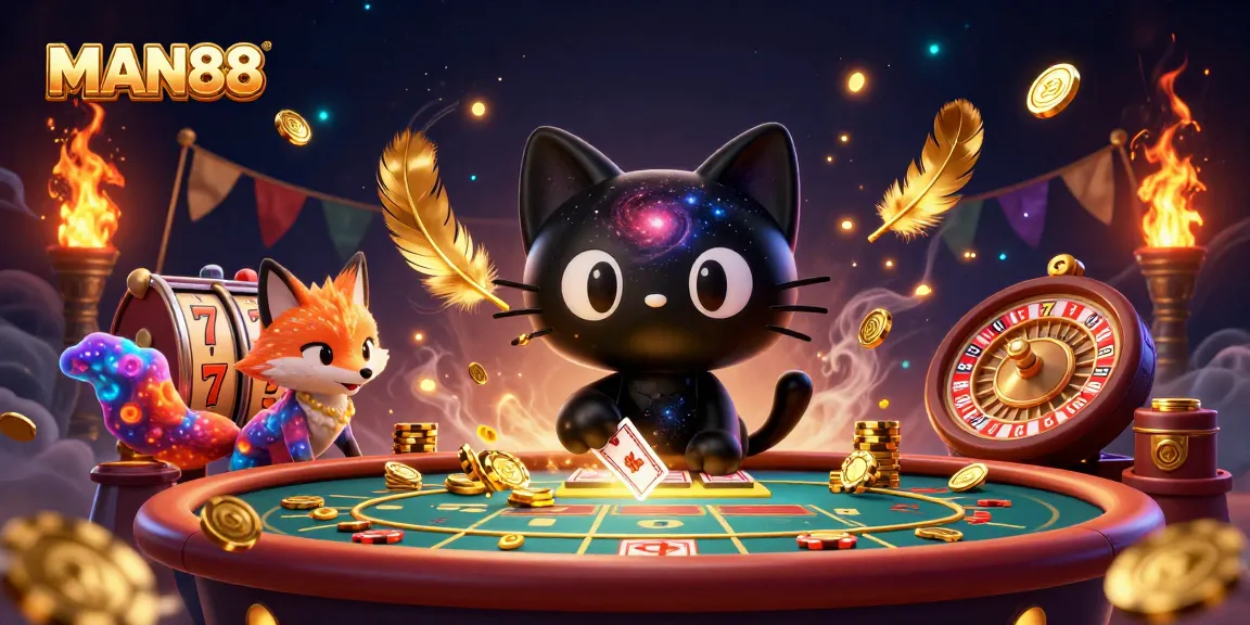 Join the action at MAN88 as the black hole cat pulls in golden chips at a cosmic casino.