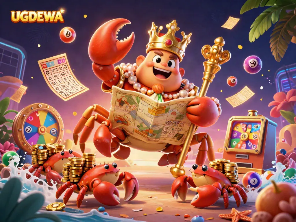 Experience thrilling moments with UGDEWA’s golden crab emperor in a vibrant casino scene.