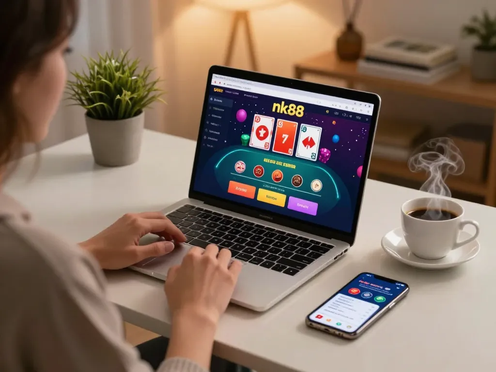 Engaging in online casino gaming at nk88 with vibrant graphics on screen and a cozy atmosphere.
