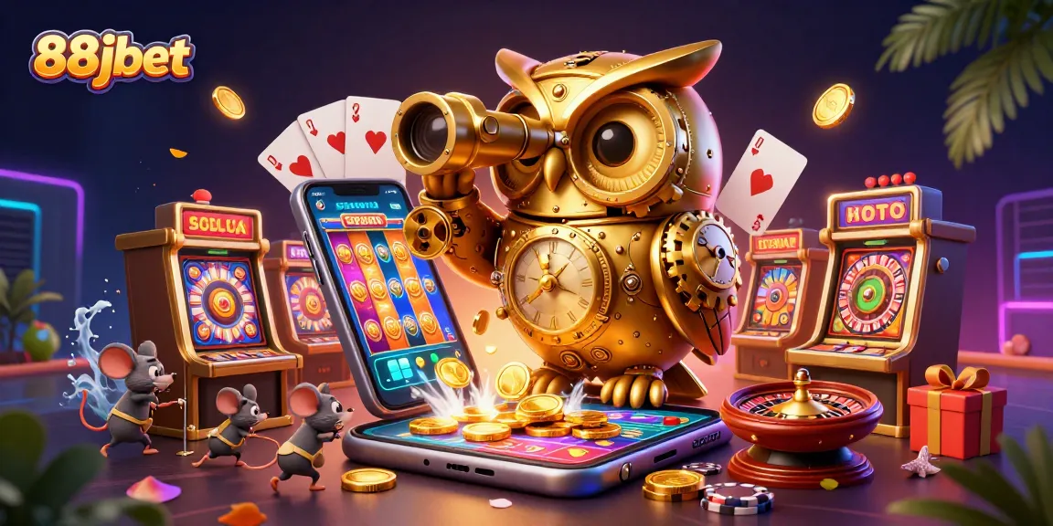 Engaging scene of 88jbet featuring clockwork owl and vibrant casino elements.