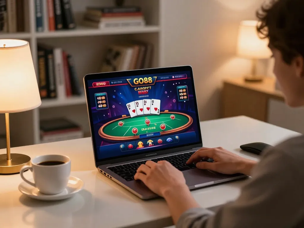 Engaging scene of a user playing GO88 casino games on a laptop in a cozy home workspace.
