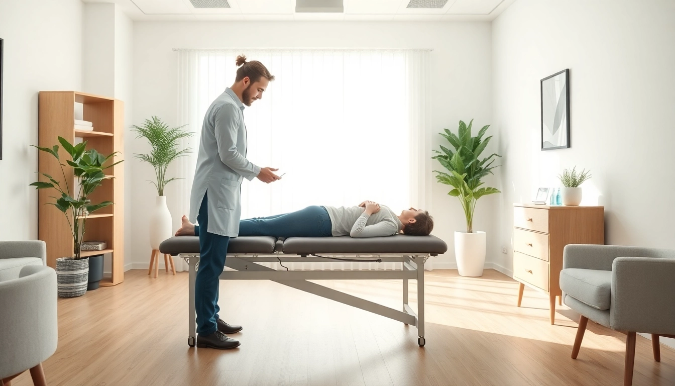 A therapist guides a patient in back pain relief techniques in a bright clinic.