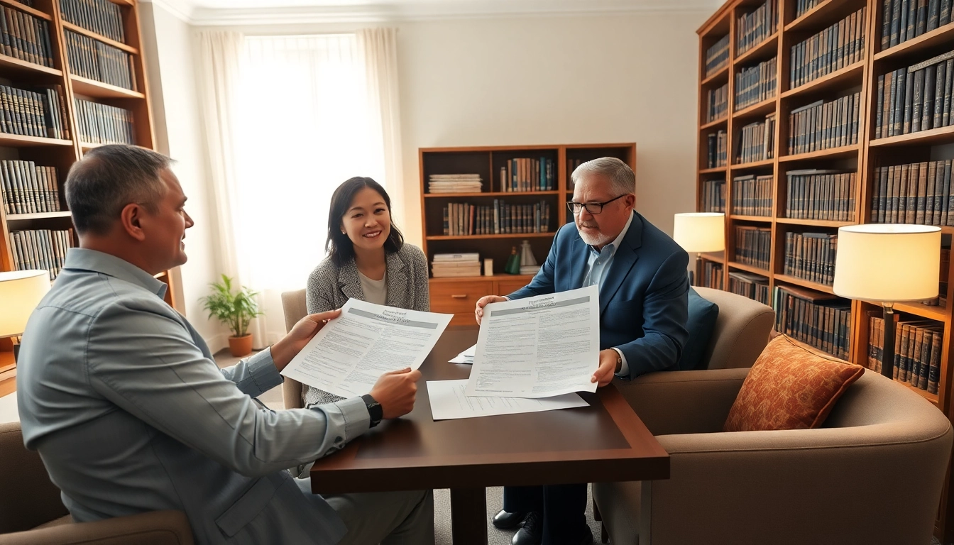 Couple discussing Estate Planning with a professional attorney in a warm office.