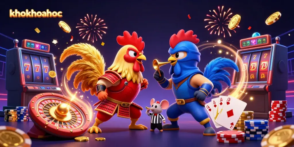 Engage in thrilling fights with khokhoahoc's vibrant 3D roosters and exciting casino elements.