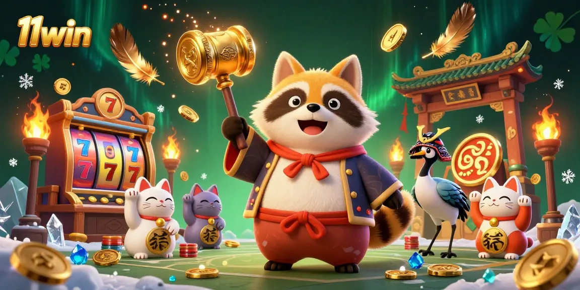 Experience vibrant casino action with 11win's cheerful characters and lucky symbols in a dynamic scene.